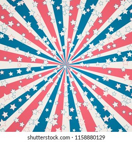 Labor Day or Patriot Day banner. Retro patriotic vector background. Concentric stripes and stars confetti  in colors of American flag. Red, blue and white rays.  Easy to edit template.