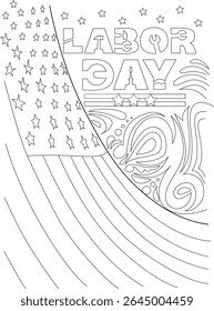 Labor Day Patriotic Line Art Coloring Page with US Flag Stars, Stripes, Industrial Tools, and Decorative Swirls. Ideal for holiday activities, educational materials, and celebrating workers.