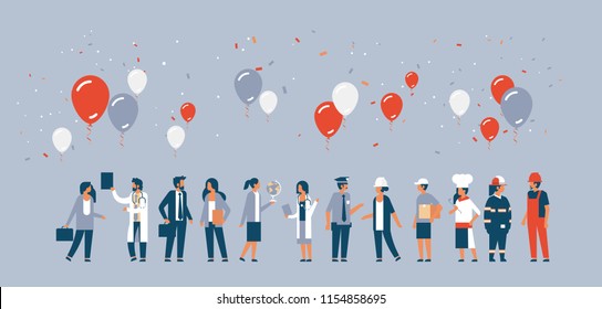 labor day people different occupations stand together communication celebration balloons concept gray background horizontal man woman cartoon characters vector illustration