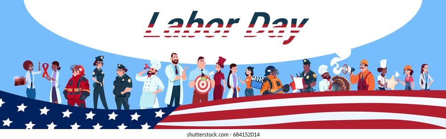 Labor Day People Group Different Occupation Set, Employees Mix Race Workers Banner Flat Vector Illustration