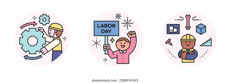 Labor Day. people who are working. A cute character turning a big gear and demanding workers' rights. Workers thinking about work tools.