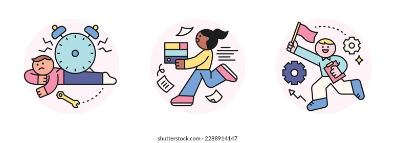 Labor Day. people who are working. An office worker who rushes with piles of documents and is crushed by a large clock. An office worker running with a flag.