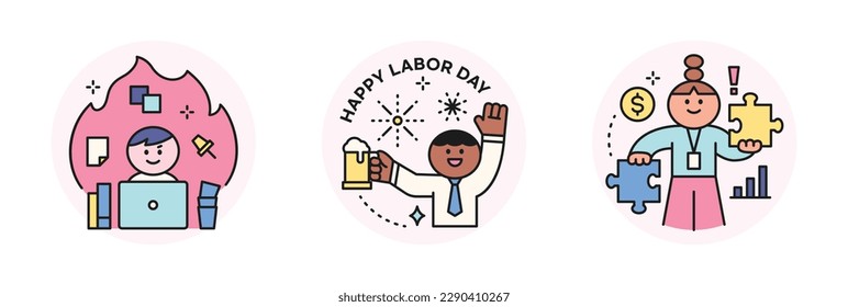 Labor Day. people who are working. A businessman working on fire, an office man drinking beer, and a character holding a puzzle in his hand.