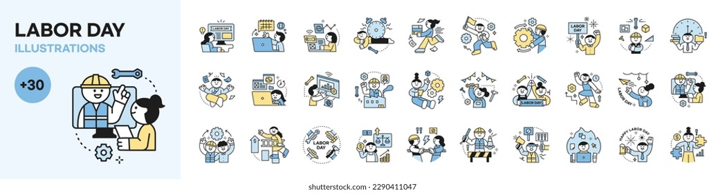 Labor Day. people who are working. Cute concept icon character about worker's life. mega set.