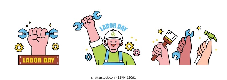 Labor Day. people who are working. A movement for workers' rights. hand holding a tool. A character wearing a helmet.