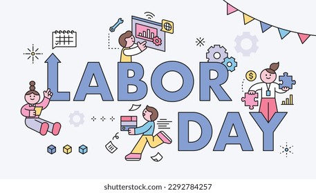 Labor Day. people who are working. Big letters and cute worker characters. Web page, poster template.