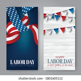 Labor Day poster or banner set. USA national federal holiday flyer design. American flag background. Realistic vector illustration.