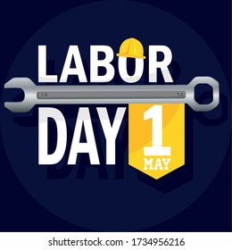 Labor day poster. Construction helmet and wrench - Vector illustration