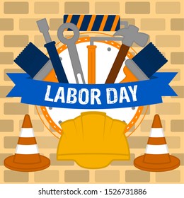 Labor day poster with a construction objects and text - Vector illustration