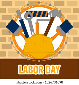 Labor day poster with a construction objects and text - Vector illustration