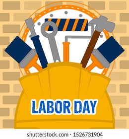 Labor day poster with a construction objects and text - Vector illustration