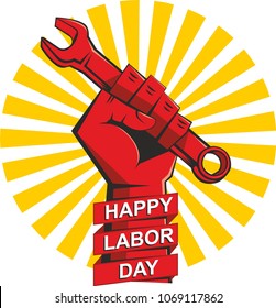 labor day poster design with strong worker fist holding up wrench