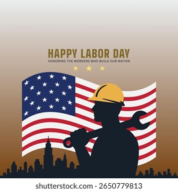 Labor Day Poster with Flag Background and Worker Silhouette