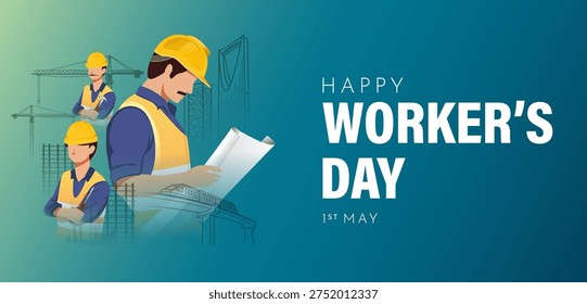 Labor Day Poster With Group of Construction Worker and Building Crane Background. International Workers Day Illustration