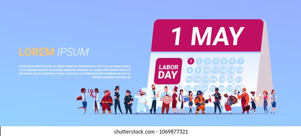 Labor Day Poster With Group Of People Of Different Occupations Standing Calender With 1 May Date Background