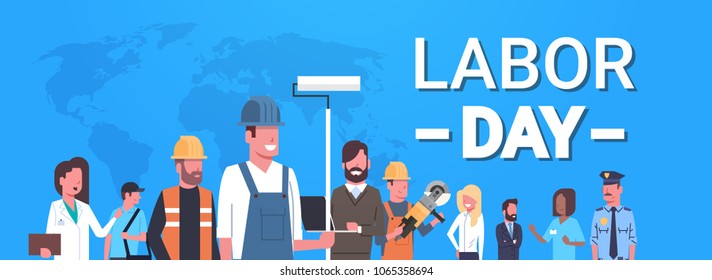 Labor Day Poster With People Of Different Occupations Over World Map Background