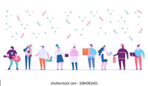 Labor Day. Poster with people of different occupations . Flat vector ilustration.