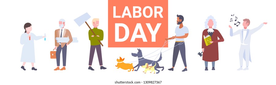 labor day poster people of different professional occupation holiday celebration concept workers standing together isolated full length flat horizontal banner