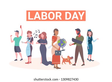 labor day poster people of different professional occupation holiday celebration concept mix race workers standing together isolated full length flat horizontal