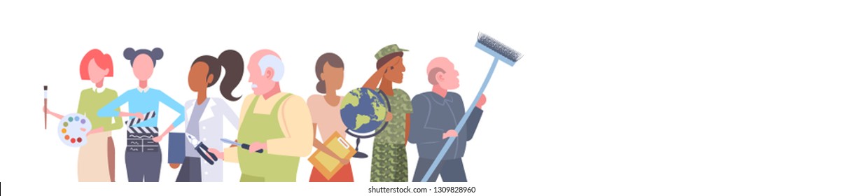 labor day poster people of different professional occupation holiday celebration concept mix race workers standing together isolated portrait flat horizontal