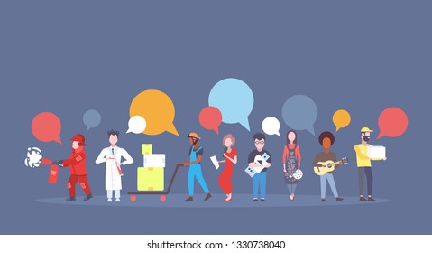 labor day poster people of different professional occupation colorful chat bubble communication holiday celebration concept standing together gray background flat horizontal