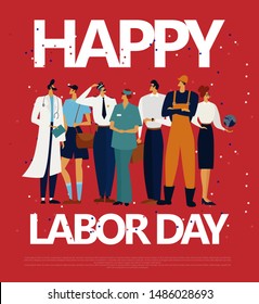 Labor Day Poster With People Of Different Occupations Over Background With Copy Space