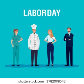 afiche del día laboral, con personas de diferentes profesiones diseño de ilustración vectorial