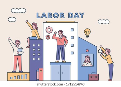 Labor Day poster. People are greeting around the buildings. flat design style minimal vector illustration.