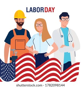 labor day poster with people group different occupation and flag usa vector illustration design