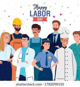 labor day poster with people group different occupation vector illustration design