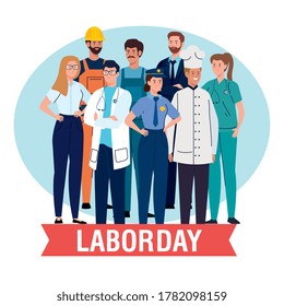 labor day poster with people group different occupation and ribbon decoration vector illustration design