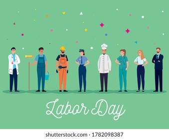 labor day poster with people group different occupation vector illustration design
