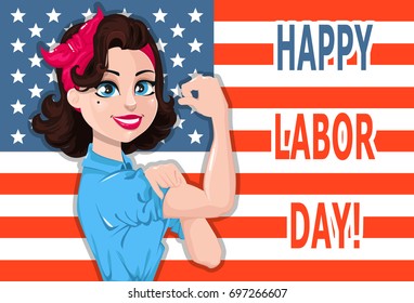 Labor day poster. Pop art strong woman with USA flag on background. Symbol of american female power. Vector illustration for holiday.