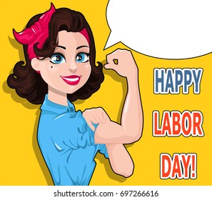 Labor day poster. Pop art strong woman with blank speech bubble on yellow background. Symbol of american female power. Vector illustration for holiday.