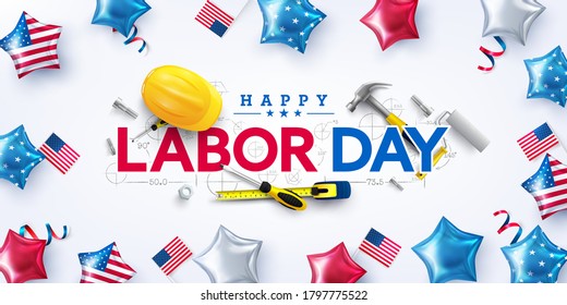 Labor Day poster template.USA Labor Day celebration with Yellow safety hard hat and construction tools.Sale promotion advertising Poster or Banner for Labor Day