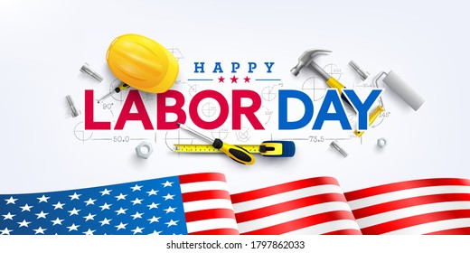 Labor Day poster template.USA Labor Day celebration with American flag,Safety hard hat and Construction tools.Sale promotion advertising Poster or Banner for Labor Day