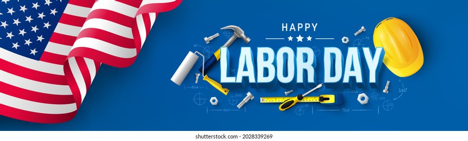 Labor Day poster template.USA Labor Day celebration with American flag,Safety hard hat and Construction tools.Sale promotion advertising Poster or Banner for Labor Day