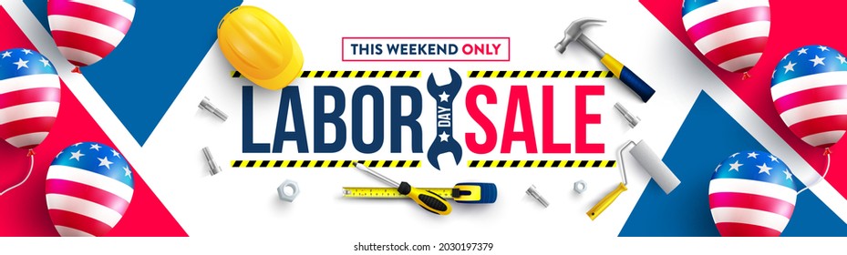 Labor Day poster template.USA Labor Day celebration with yellow safety hard hat and construction tools.Sale promotion advertising Poster or Banner for Labor Day