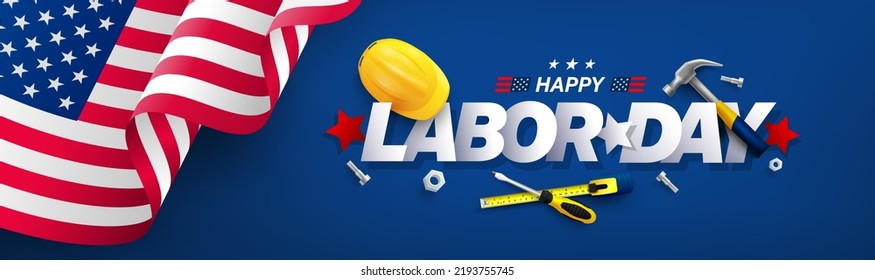 Labor Day poster template.USA Labor Day celebration with American flag,Safety hard hat and Construction tools.Sale promotion advertising Poster or Banner for Labor Day