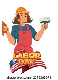 Labor Day Poster Template, USA Labor Day celebration card with flat vector graphic of worker 2D.