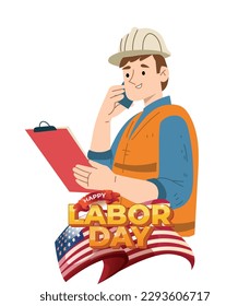 Labor Day Poster Template, USA Labor Day celebration card with flat vector graphic of worker 2D.