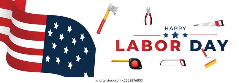 Labor Day poster template. USA Labor Day celebration with American flag, Safety hard hat and Construction tools. Sale promotion advertising Poster or Banner for Labor Day