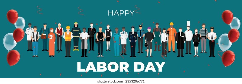 Vorlage für Arbeitszeitposter. USA Labour Day Feier mit amerikanischen Menschen, Verschiedene Berufe Menschen stehen an diesem Tag. Werbeplakat oder Banner für den Verkauf zum Arbeitstag