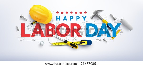 Labor Day\
poster template.International Workers\' Day celebration with Yellow\
safety hard hat and construction tools.Sale promotion advertising\
Poster or Banner for Labor\
Day