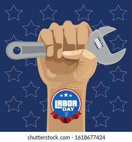 Labor day poster with text and construction tools - Vector