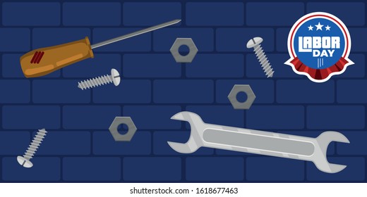 Labor day poster with text and construction tools - Vector