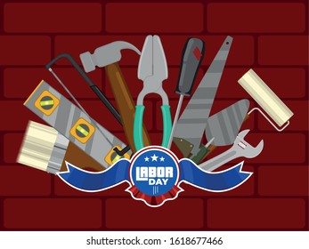 Labor day poster with text and construction tools - Vector