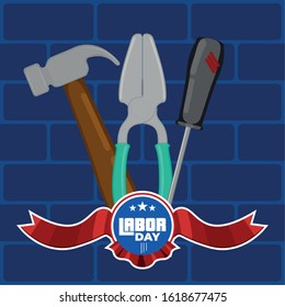 Labor day poster with text and construction tools - Vector