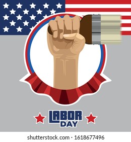 Labor day poster with text and construction tools - Vector