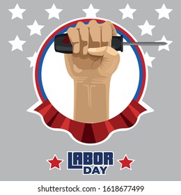Labor day poster with text and construction tools - Vector